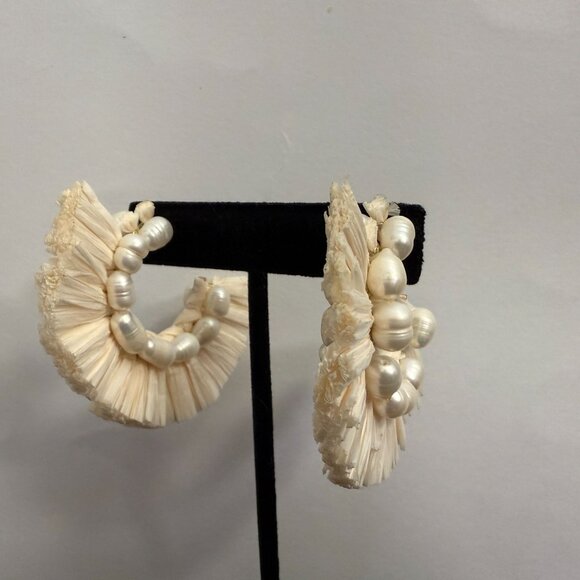 Anthropologie Raffia & Freshwater Pearl Statement Hoop Earrings Boho - Picture 6 of 8